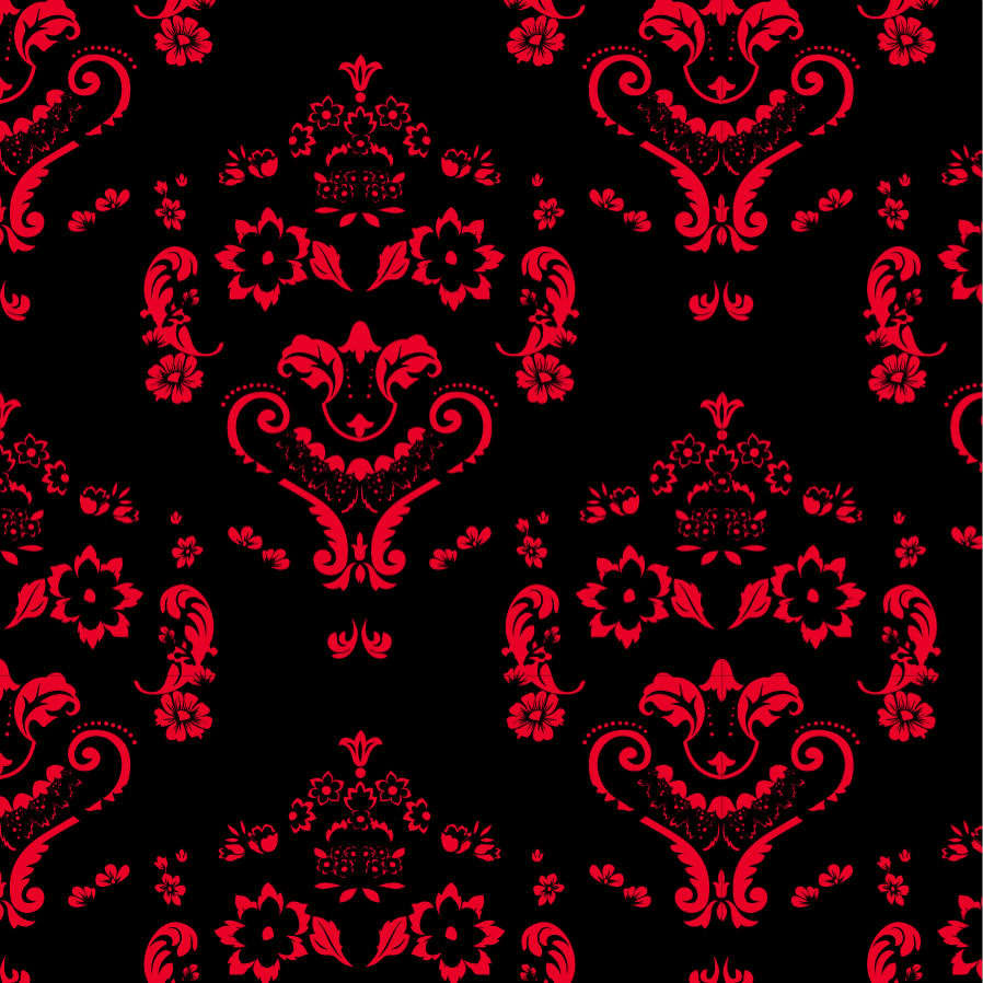 Baroque Damask Smiles  Red on Black - Pattern Design Lab