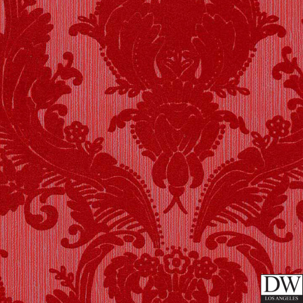 Victorian Flocked Velvet Wallpaper - Red on Red/Gray