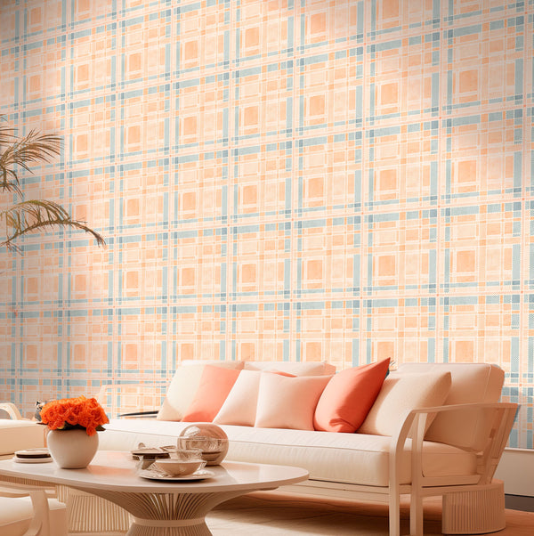 Peach Mode Plaid Mid-Century Modern | Architectural Wallcoverings
