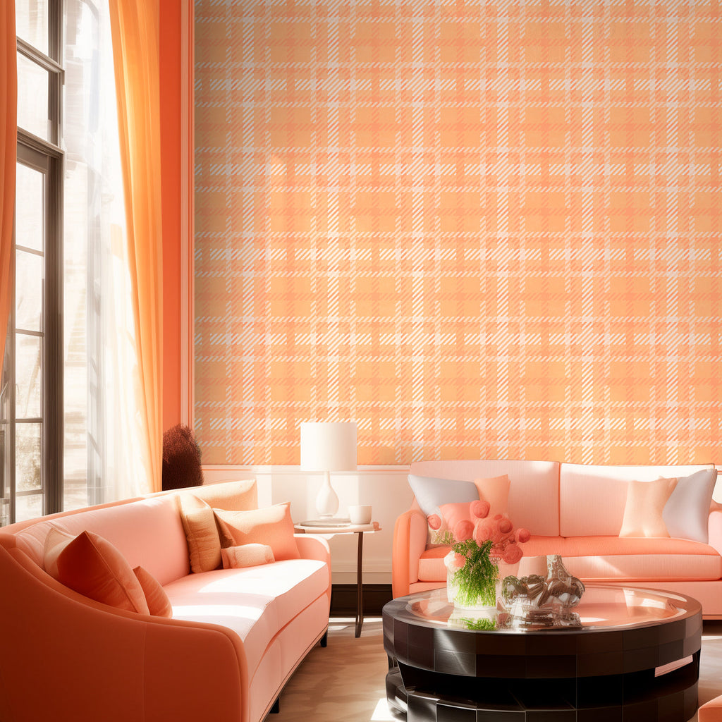 Preppy Peach Plaid Wallcovering | DW Bespoke Studios