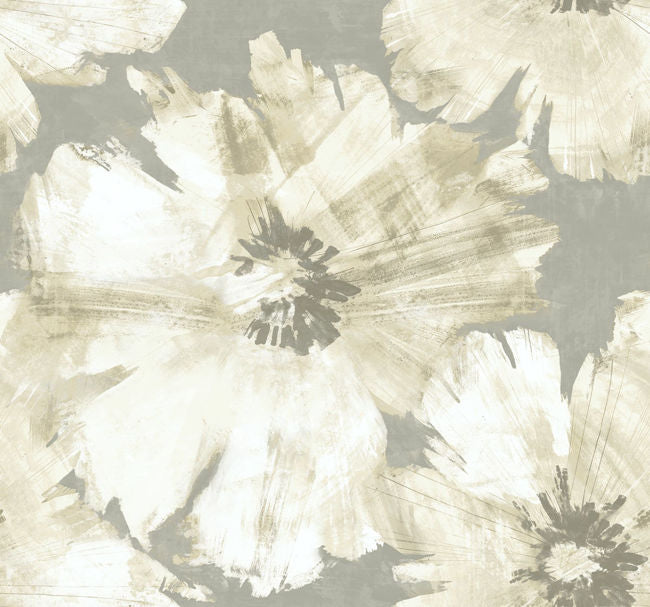 Curie Abstract Floral - Metallic Silver and Off-white Wallcovering | Malibu Wallpaper