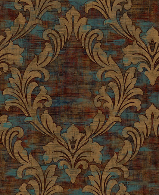 Kepler Damask - Metallic Gold and Spruce Wallcovering | Malibu Wallpaper