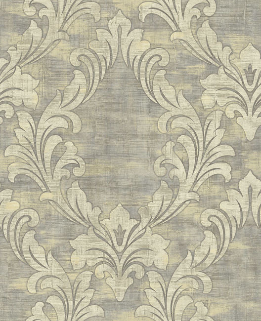 Kepler Damask - Metallic Pearl and Gray Wallcovering | Malibu Wallpaper