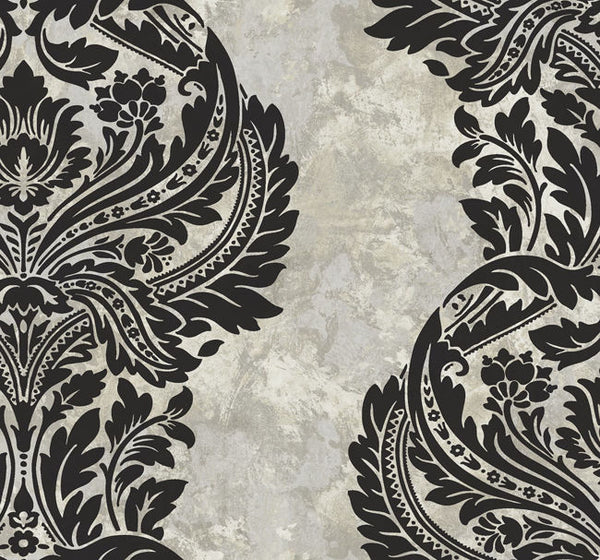 Newton Damask - Black and Greige Wallcovering | Malibu Wallcovering