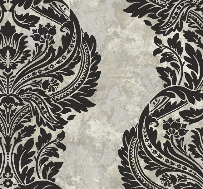 Newton Damask - Black and Greige Wallcovering | Malibu Wallpaper