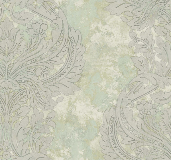 Newton Damask - Metallic Gold and Mint Wallcovering | Malibu Wallcovering