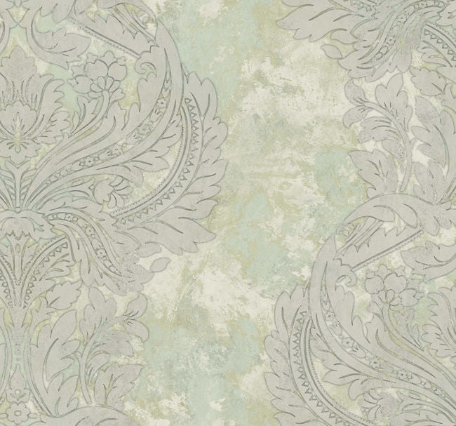 Newton Damask - Metallic Gold and Mint Wallcovering | Malibu Wallpaper