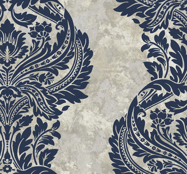 Newton Damask - Blue and Grey Damask Wallcovering | Malibu Wallcovering