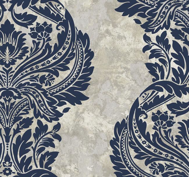 Newton Damask - Blue and Grey Damask Wallcovering | Malibu Wallpaper