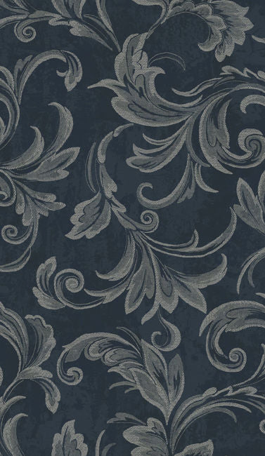 Aura Scroll - Navy, Silver, and Gray Wallcovering | Malibu Wallpaper