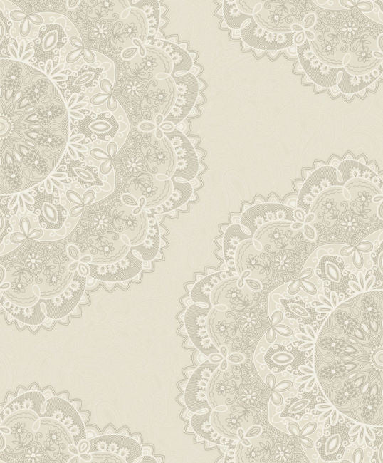 Aura Lace Medallion - Cream, Silver, and White Wallcovering | Malibu Wallpaper