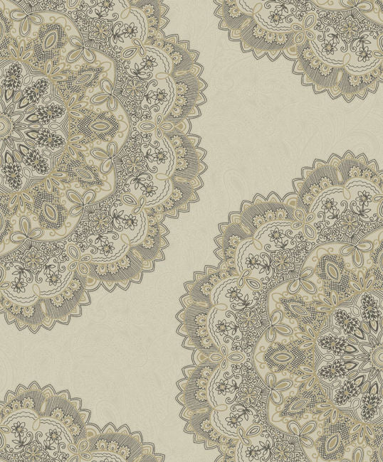 Aura Lace Medallion - Gold and Charcoal Wallcovering | Malibu Wallcovering