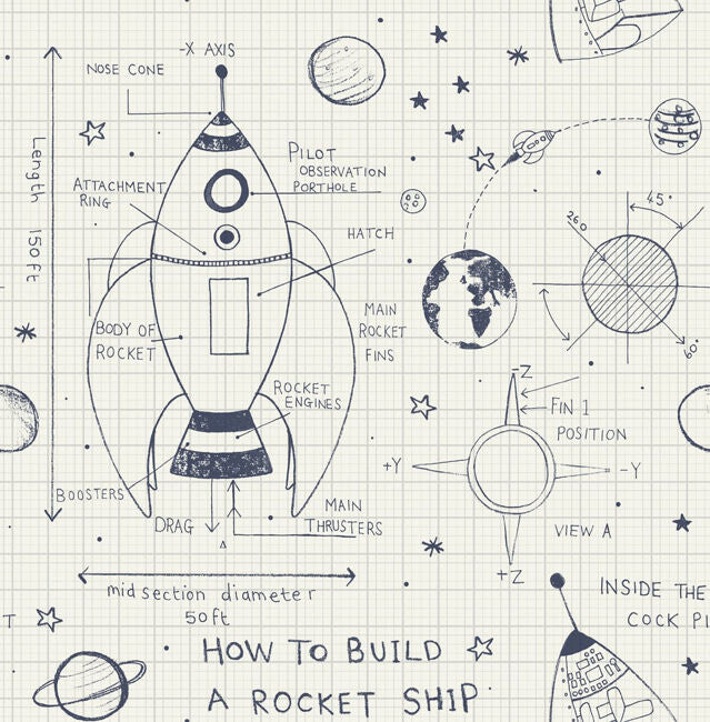 Rocket Ship - White and Midnight Blue Wallcovering | Malibu Wallpaper
