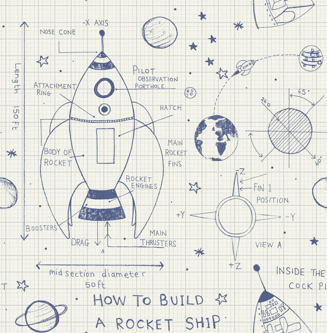 Rocket Ship - White and Navy Wallcovering | Malibu Wallpaper