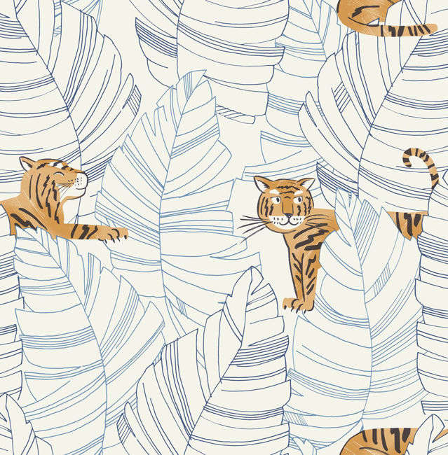 Hiding Tigers - Sky Blue and Orange Wallcovering | Malibu Wallpaper