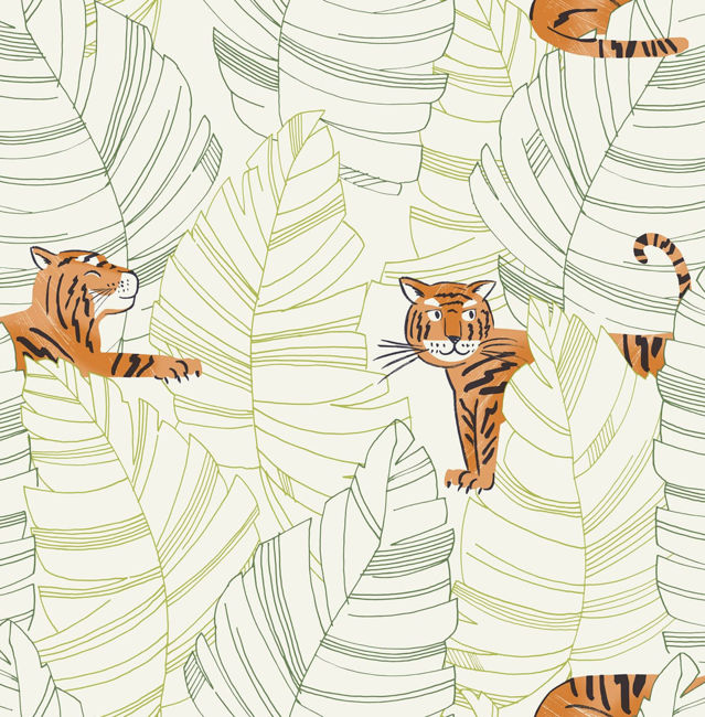 Hiding Tigers - Green and Orange Wallcovering | Malibu Wallpaper