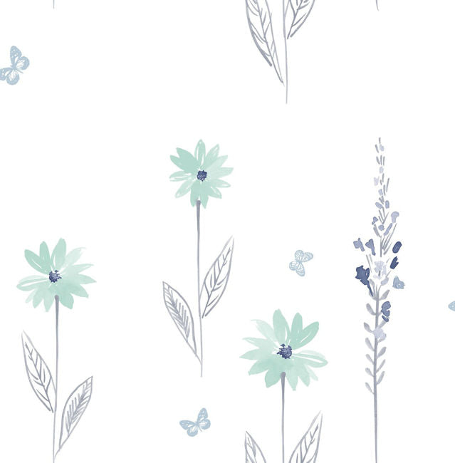 Daisy Field - Teal and Gray Wallcovering | Malibu Wallpaper