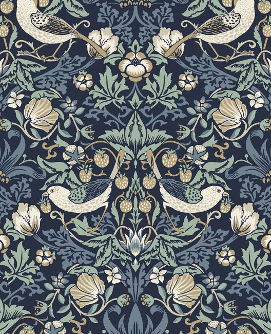 Fragaria Garden - Navy Blue & Aloe Wallcovering | Malibu Wallpaper