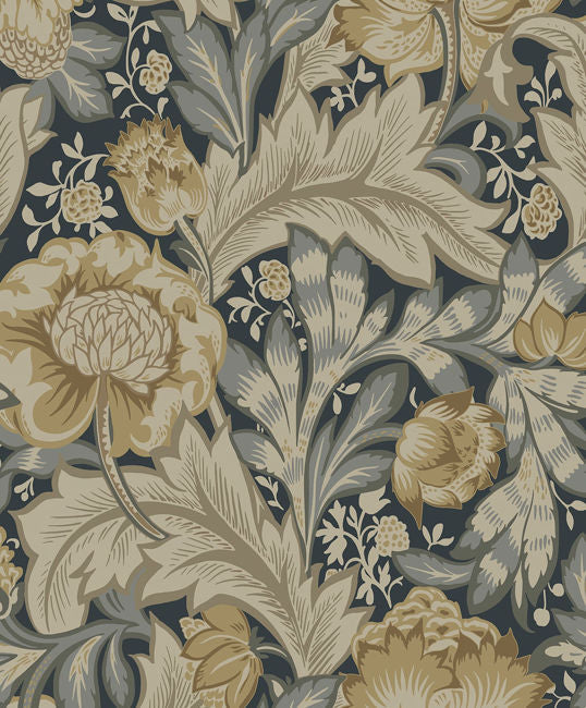 Acanthus Garden - Midnight Blue & Beige Wallcovering | Malibu Wallpaper