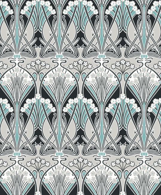 Dragonfly Damask - Ebony & Aqua Wallcovering | Malibu Wallpaper