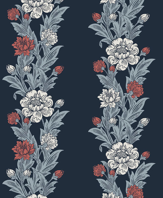 Blooming Stripe - Deep Navy & Berry Wallcovering | Malibu Wallpaper