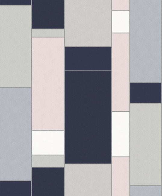 De Stijl Geometric - Indigo & Metallic Silver Wallcovering | Malibu Wallpaper