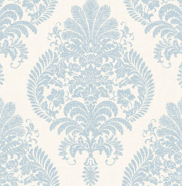 Antigua Damask - Blue Frost and Bone White Wallcovering | Malibu Wallpaper