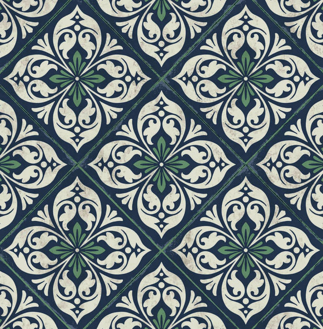 Plumosa Tile - Midnight Blue and Spearmint Wallcovering | Malibu Wallpaper