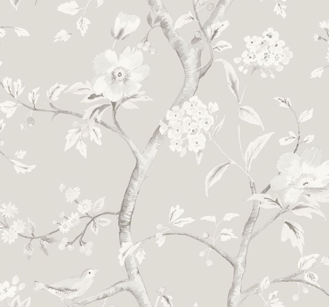 Southport Floral Trail - Metallic Silver and Fog Wallcovering | Malibu Wallpaper