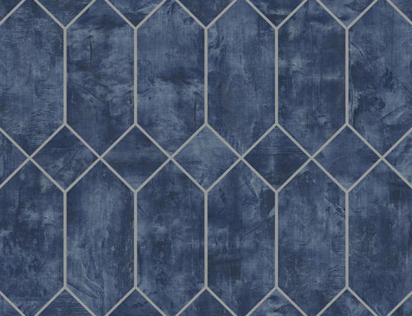 Rustic Geo - Denim Blue and Metallic Silver Wallcovering | Malibu Wallcovering