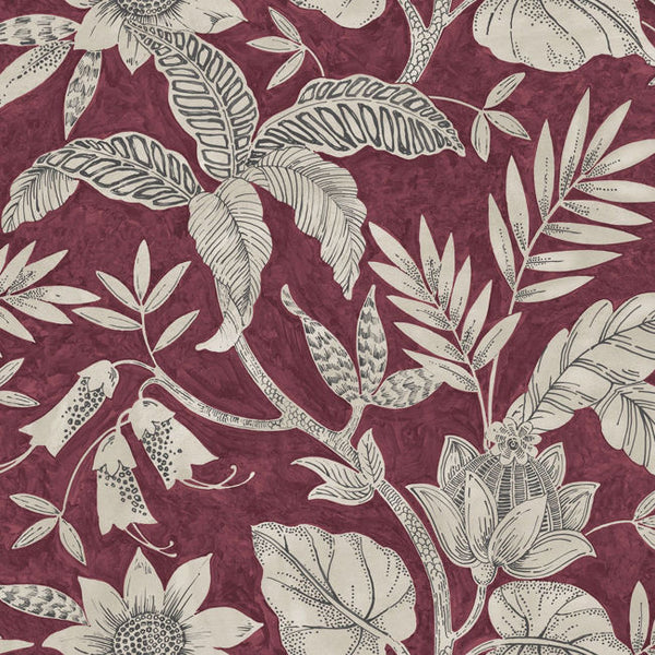 Rainforest Leaves - Cranberry and Stone Wallcovering | Malibu Wallcovering