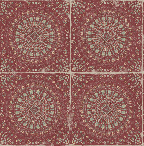 Mandala Boho Tile - Cabernet and Aloe Green Wallcovering | Malibu Wallcovering