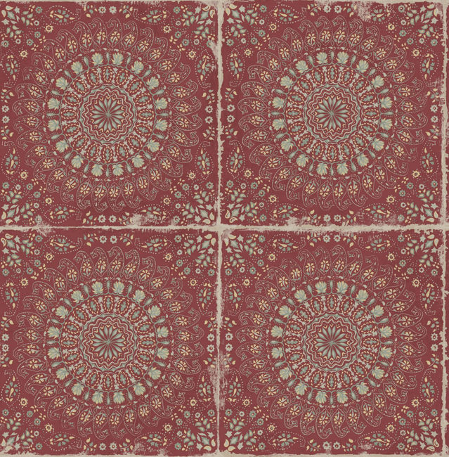 Mandala Boho Tile - Cabernet and Aloe Green Wallcovering | Malibu Wallpaper