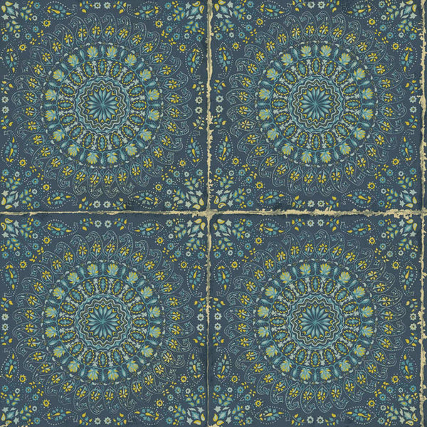 Mandala Boho Tile - Navy Blue and Dandelion Wallcovering | Malibu Wallcovering