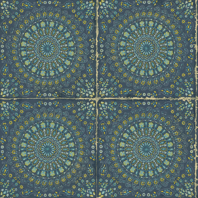 Mandala Boho Tile - Navy Blue and Dandelion Wallcovering | Malibu Wallpaper