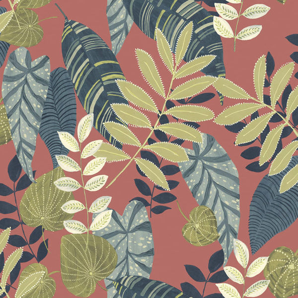 Tropicana Leaves - Redwood, Olive, and Washed Denim Wallcovering | Malibu Wallcovering