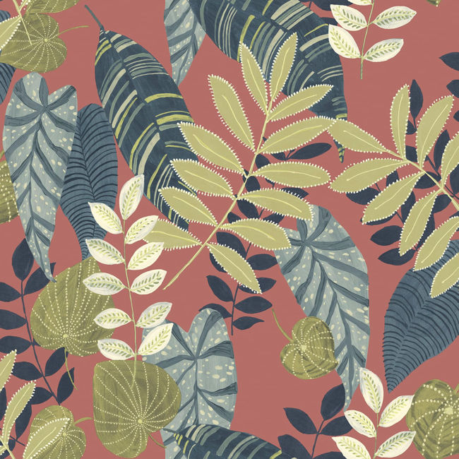 Tropicana Leaves - Redwood, Olive, and Washed Denim Wallcovering | Malibu Wallpaper