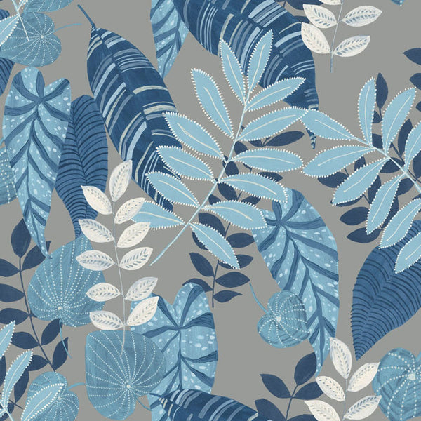 Tropicana Leaves - Metallic Gray, Sky Blue, and Champlain Wallcovering | Malibu Wallcovering