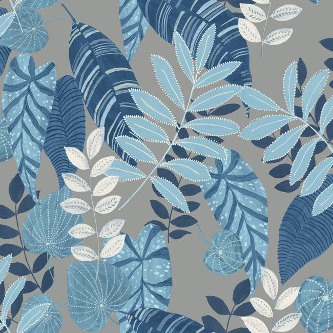 Tropicana Leaves - Metallic Gray, Sky Blue, and Champlain Wallcovering | Malibu Wallpaper