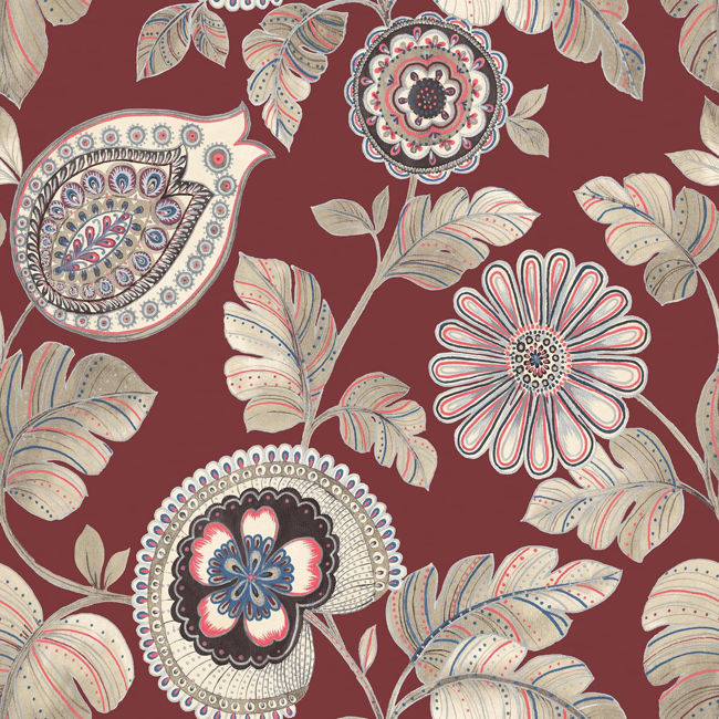 Calypso Paisley Leaf - Cabernet and Coral Wallcovering | Malibu Wallpaper