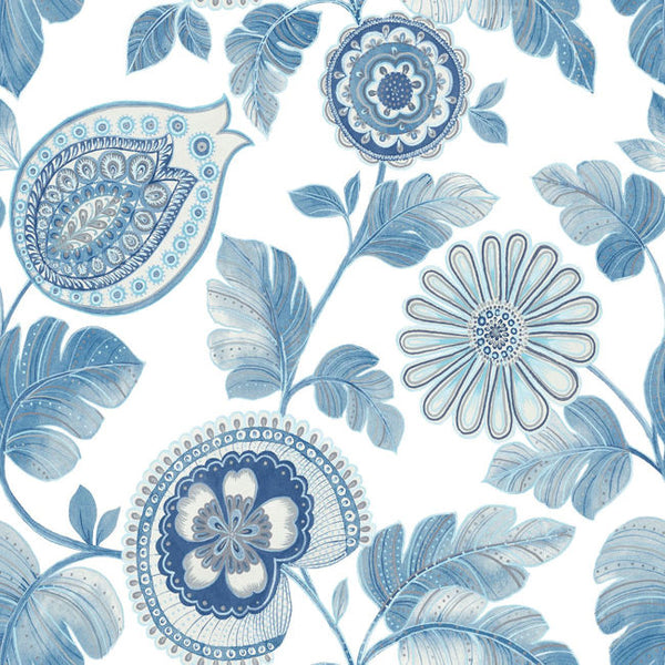 Calypso Paisley Leaf - Blue Oasis and Ivory Wallcovering | Malibu Wallcovering
