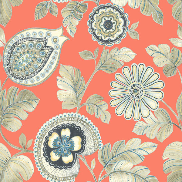 Calypso Paisley Leaf - Coral and Aloe Wallcovering | Malibu Wallcovering