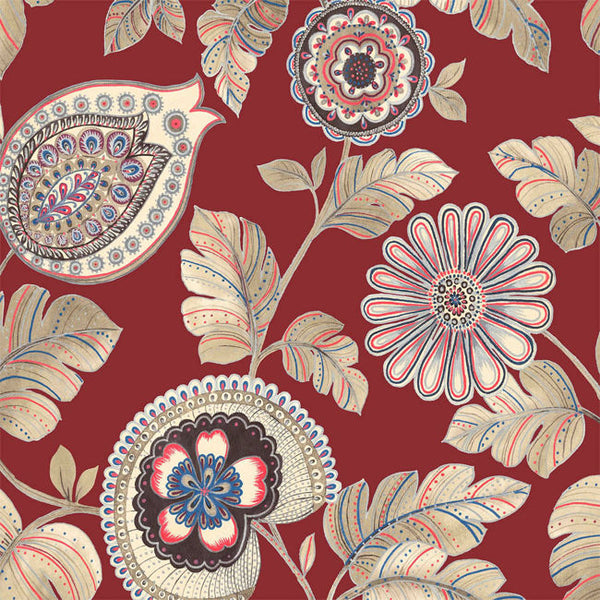 Calypso Paisley Leaf Fabric - Cabernet and Coral Wallcovering | Malibu Wallcovering