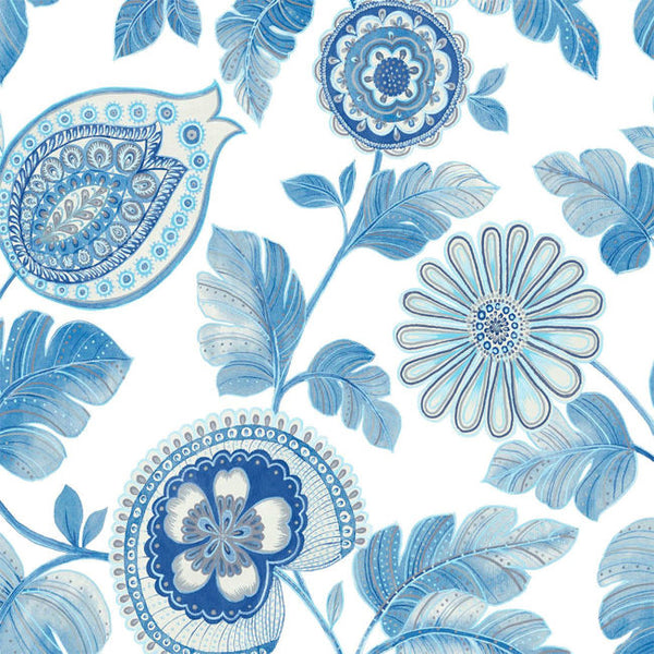 Calypso Paisley Leaf Fabric - Blue Oasis and Ivory Wallcovering | Malibu Wallcovering