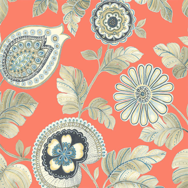 Calypso Paisley Leaf Fabric - Coral and Aloe Wallcovering | Malibu Wallpaper