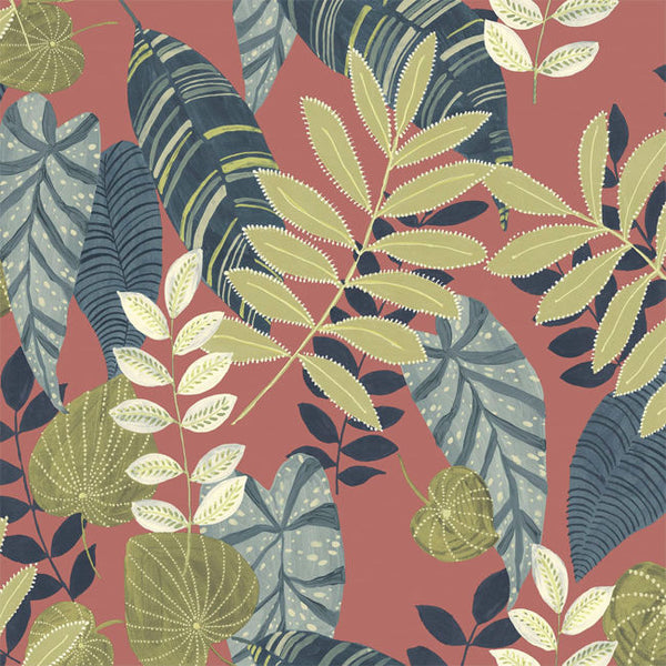 Tropicana Leaves Fabric - Redwood, Olive, and Washed Denim Wallcovering | Malibu Wallcovering