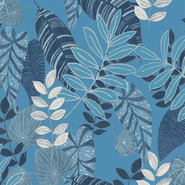 Tropicana Leaves Fabric - Sky Blue and Champlain Wallcovering | Malibu Wallcovering