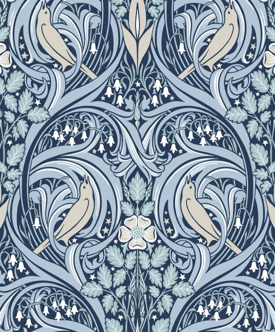 Bird Scroll - Denim & Blue Mist Wallcovering | Malibu Wallpaper