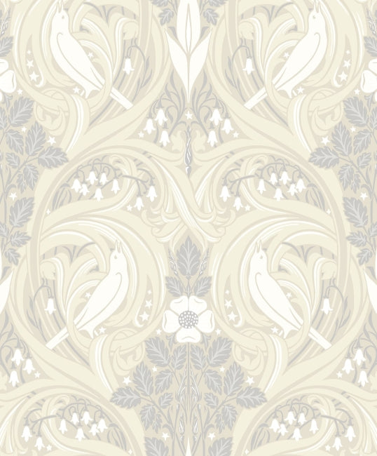 Bird Scroll - Swiss Coffee & Grey Wallcovering | Malibu Wallpaper