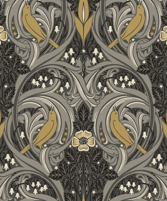 Bird Scroll - Charcoal & Goldenrod Wallcovering | Malibu Wallpaper